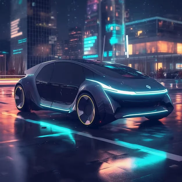 Futuristic electric vehicle in neon cityscape