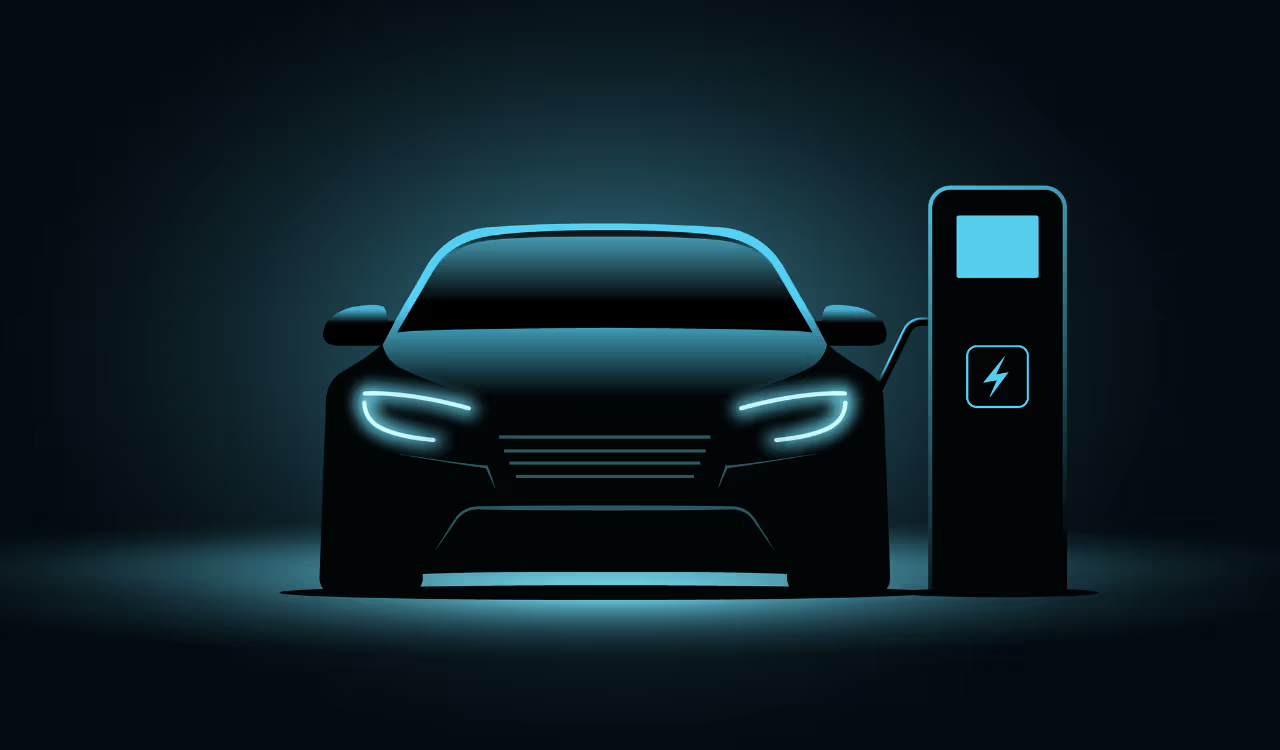 Electric vehicle with charging station silhouette